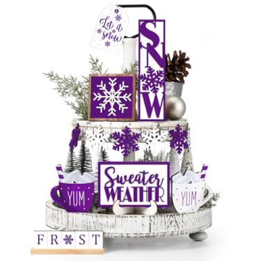 Imagem de Jetec Conjunto de 12 peças de decoração de bandeja de inverno em camadas com floco de neve, placa de madeira, decoração de mesa Let It Snow, placas de café, cafeteria, decoração de bandeja de inverno