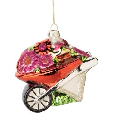 Imagem de The Bridge Collection Enfeite de Natal de carrinho de mão de jardinagem de vidro – Carrinho de mão colorido preenchido com flores de jardim brilhantes
