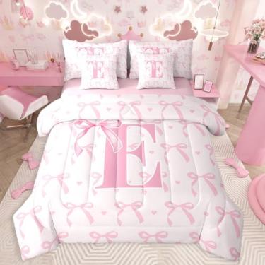 Imagem de jejeloiu Conjunto de edredom infantil fofo com laço rosa e lençol casal com letra E, 7 peças, lindo laço de coquete, cama em uma bolsa, letra E com monograma para todas as estações