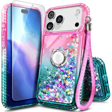 Imagem de Capa NGB projetada para iPhone 17-Pro-Max, rosa/aqua | Capa de telefone fofa com glitter líquido brilhante para mulheres e crianças | com protetor de tela de vidro temperado, suporte de anel e cordão