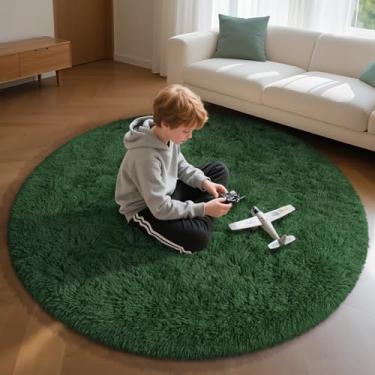 Imagem de EVOIONOS Tapete redondo verde para quarto, 1,2 x 1,2 m, tapetes macios e macios para sala de estar, tapete circular felpudo de pelúcia para piso interno, cabeceira, berçário, lavável na máquina