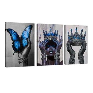 Imagem de DOARTDO Arte de parede em tela afro-americana 3 peças azul moda preta impressão de arte fotos de mulher negra com coroa pintura rainha africana decoração de casa emoldurada (40,6 x 61 x 3 peças)