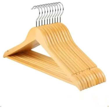 Imagem de Kit 6 Unidades - Cabides de Madeira Marfim, Elegante e Funcional, 45cm, Com Barra Deslizante, Para Roupas, Calças, Camisas, Ternos, Saias e Blazers