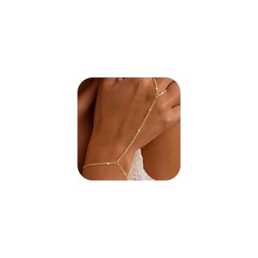 Imagem de Fimhut Pulseira de corrente de mão para mulheres - Anel banhado a ouro 14 K, pulseira de corrente de mão, elos delicados, pulseiras, joias de ouro, presentes para mulheres na moda, 6+2, Latão, Sem