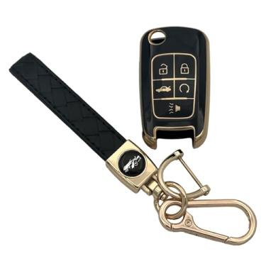 Imagem de Capa de chaveiro para Cruze Camaro: capa protetora de TPU macio com 5 botões com chaveiro para Chevy Impala Malibu Sonic Volt Buick Regal Cascada Verano GMC Terrain 2011 a 2020 5912543 (ouro + preto)