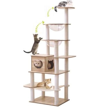 Imagem de Torre de árvore de gato multipura de 196 cm com condomínio, 16 pinos macios para arranhar, 2 cápsulas espaciais, com rede para gatos, plataforma de empoleiramento de 5 andares, árvore para gatos