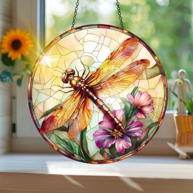 Imagem de Acrílico colorido Suncatcher, apanhador de sol estilo vitral impresso libélula com reflexos de arco-íris, decoração de janela suspensa, decoração de parede, ornamentos de Natal para uso interno e