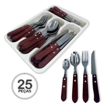 Imagem de Faqueiro Inox 25 Peças Garfo Faca Colher Cabo de Madeira Com Porta Tal