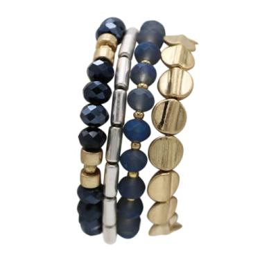 Imagem de Rosemarie & Jubalee Conjunto de pulseiras elásticas femininas com contas, coleção empilhável de 4 peças, 15 cm para pulsos pequenos, One Size, Liga metálica, howlita, Cristal