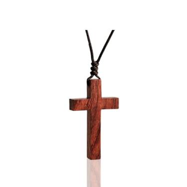 Imagem de Holy Fringe Colar de cruz de madeira de nogueira natural para homens e mulheres - Colar pequeno com pingente de cruz de madeira para homens e mulheres - Pequena cruz de madeira para espelho de carro -