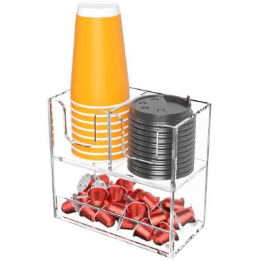 Imagem de Beego Suporte de copo de 3 compartimentos para bancada - dispensador de copo de acrílico transparente de 2 camadas para estação de café, organizador de copos de papel e tampa, armazenamento de