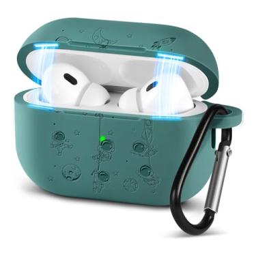 Imagem de Boaretiu Capa para Airpod Pro, capa para Airpod Pro 2 - Capa Kawaii elegante gravada em silicone 3D com mosquetão chaveiro para mulheres e meninas, design verde para Airpods Pro 2ª/1ª geração,