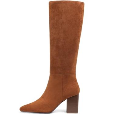 Imagem de Mattiventon Botas de cano alto femininas cano alto, salto grosso, bico fino, zíper lateral, vestido sexy, festa, Camurça marrom, 37