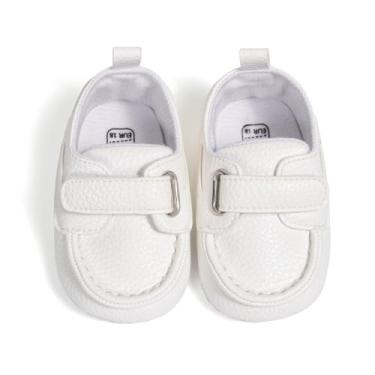 Imagem de Mocassins infantis de couro PU para bebês meninos e meninas primeiro andar berço, leve, sola plana antiderrapante, Branco, 12-18 Months Toddler
