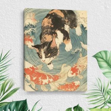 Imagem de Arte de parede em tela de gato de desenho animado, pinturas de arte emolduradas em estilo japonês, decoração de parede, imagem para amantes de gatos de peixe onda, para sala de estar, sala de estar