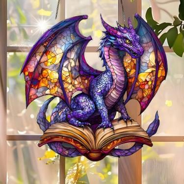 Imagem de 1 peça O Dragão Colorido no Livro Aberto Acrílico Suncatcher Pendurado, Decoração de Janela de 18 cm com Design de Estilo Vitral Impresso, Ideia de Presente e Ornamento de Jardim Uso Interno Externo