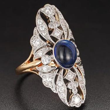 Imagem de Vinatge Anel oco de safira azul sintético em dois tons para mulheres, personalidade, moda, joia de festa, Metal, Zircônia cúbica