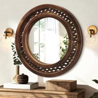 Imagem de JJUUYOU Espelho circular com moldura de madeira espelhos de parede redondos retrô 45,7 cm decorativos para quarto sala de estar banheiro entrada corredor pendurado marrom