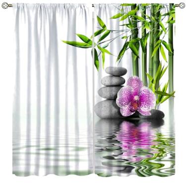 Imagem de SYZWWSYX Cortinas de pedra zen, jardim de spa japonês, folhas de bambu, flores, tema de meditação asiática, cortinas estampadas para escritório, quarto, cozinha, sala de estar, sala de jantar, 106 x
