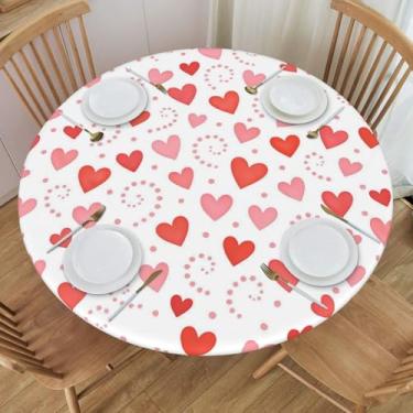 Imagem de KiuLoam Toalha de mesa redonda romântica colorida de coração rosa com borda elástica toalha de mesa lavável para decoração de cozinha patrulha ao ar livre, serve para 101,6 a 112 cm, pequena