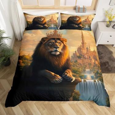 Imagem de Conjunto de capa de edredom de leão, solteiro, castelo de cachoeira na selva, natureza rústica, decoração de quarto de meninos e homens, capa de edredom de animais selvagens, coroa de caça de animais