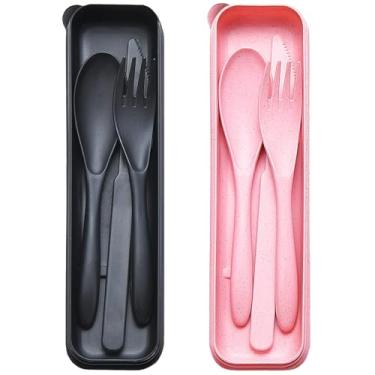 Imagem de Conjunto de utensílios de viagem reutilizáveis com estojo, 2 conjuntos de colheres de garfo de faca portáteis de palha de trigo, talheres de acampamento para lancheira, utensílios de mesa de plástico