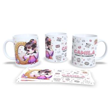 Imagem de Caneca Personalizada Anime Kawaii, Porcelana Branca, Design Amanda Dorama, Decorada com Ilustração Chibi e Padrões Fofos (c)