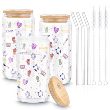 Imagem de Suclain Copo de vidro com tampa com tema Kpop de 3 peças - 473 ml inspirado no filme Nó Coreano Estrelas Roxas Taças de Vidro para Festa de Aniversário e Presente para Artigos de Festa de Halloween