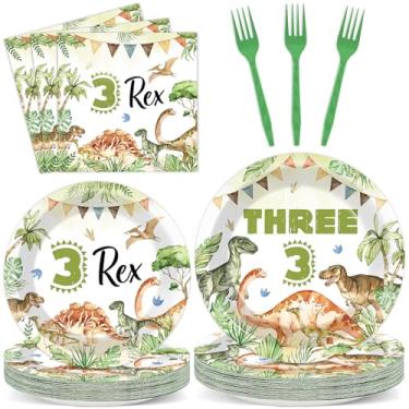 Imagem de Conjunto de pratos e guardanapos e garfos de papel para festa de 3º aniversário de dinossauro, 96 peças, aquarela, Dino Rex, três pratos de papel de jantar com tema Rex para crianças, decorações de