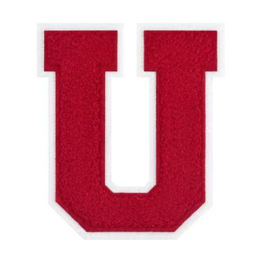 Imagem de 1 PÇ Patch de letra de chenille vermelho de 11,4 cm com borda branca – Remendos do alfabeto para roupas, jaquetas, mochilas, chapéus para decoração personalizada, nome personalizado e artesanato. (U)