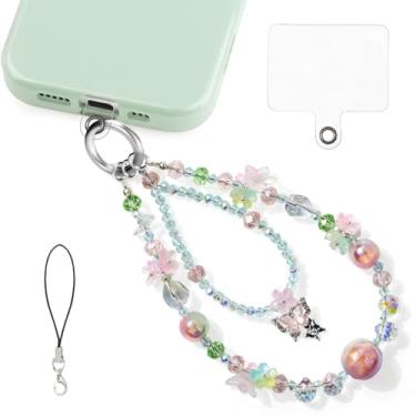 Imagem de LuneClat Pingente de telefone com flor de borboleta de cristal - Pulseira de cordão com contas de camada dupla, alça de pulso antifurto para câmera de celular, chaveiro, pingente de telefone acessório