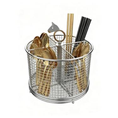 Imagem de Organizador de utensílios giratório de 360°, aço inoxidável 304, 4 compartimentos, cozinha, bancada, talheres, talheres, com alça de pônei, para festa, buffet, piquenique, acampamento ao ar livre