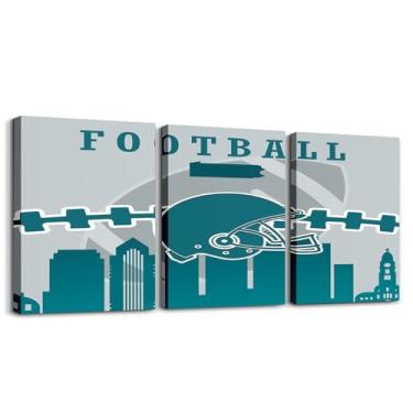 Imagem de Erosebridal Conjunto de 3 peças de arte de parede em tela de futebol americano, pinturas para fãs de futebol esportivo para sala de estar, quarto, banheiro, arte de parede emoldurada de rúgbi