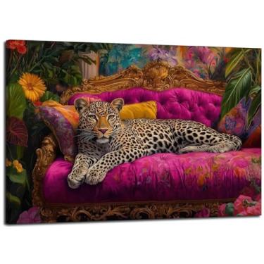Imagem de Guepardo deitado no sofá rosa arte de parede eclético leopardo decoração de parede imagens maximalista retrato de animal impressões para sala de estar casa quarto decoração de casa 30 x 40 cm pronto