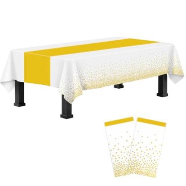 Imagem de 2 pacotes de toalhas de mesa de plástico branco e dourado descartáveis para decoração de festa, toalha de mesa de plástico branco retangular impressa com caminho de mesa dourado para aniversário