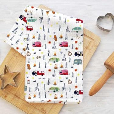 Imagem de Toalhas de cozinha temáticas de acampamento, vans de campista coloridas, pinheiros, absorvente de microfibra, pano de prato decorativo, toalha de chá, toalhas de mão de waffle para casa de banho