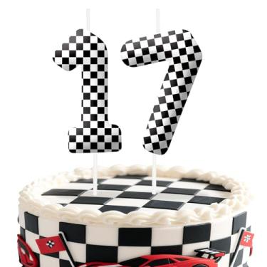 Imagem de Velas de aniversário número 17 de carros de corrida, preto e branco, bandeira quadriculada, topo de bolo para meninos e meninas, decorações de bolo para aniversários, artigos de festa com tema de
