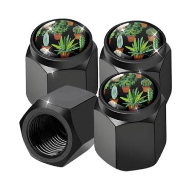 Imagem de 4 peças de tampas universais de haste de válvula de pneu de alumínio, poeira durável e corrosão, capas à prova de prova para carros, caminhões, bicicletas, motocicletas (planta de cacto)