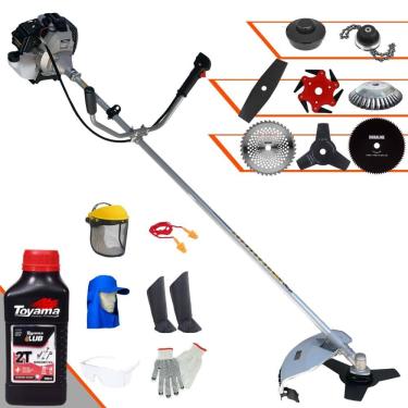 Imagem de Roçadeira Toyama TBC43-H 43cc 1,7HP + Facas 2 Pontas, 3 Pontas, 6 Pontas, 40 Dentes de Vídea, 80 Dentes, Trimmer e Escova de Aço + EPI + ÓLEO TOYAMA