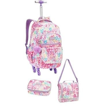 Imagem de Kit Mochila Rodinha 360o Juvenil Feminino Escolar 3 Peças (Coração)
