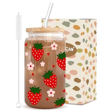 Imagem de Copo de vidro Sweet Strawberry & Pink Heart, design divertido de 473 ml com tampa de bambu, 2 canudos e pincel, presente encantador para mulheres para café gelado, smoothies