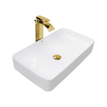 Imagem de Kit Cuba Pia Louça Cerâmica Banheiro C/Torn e Vál Dourada 56