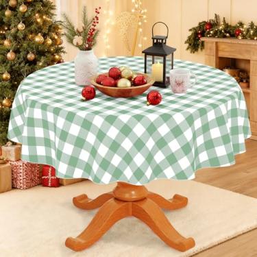 Imagem de Smiry Toalha de mesa redonda de plástico, toalha de mesa de vinil impermeável com forro de flanela, capa de mesa xadrez de búfalo limpa para jantar, interior e exterior (verde sálvia e branco, redondo
