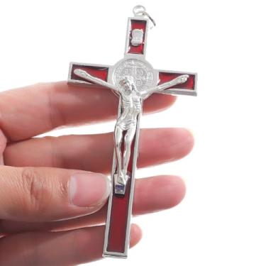Imagem de KOMI Crucifixo de metal crucifixo vermelho pequeno esmalte vermelho crucifixo para parede decoração de casa 10 x 5 cm cruz de Jesus Cristo San Benito proteção presentes de fé católica