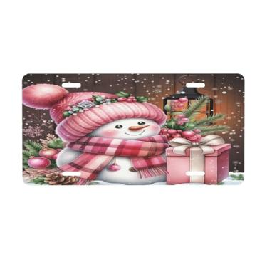 Imagem de Boneco de neve rosa bonito placa de licença para frente do carro placas de carro alumínio metal adequado para placa de porta de caminhão, bar, café, acessórios automotivos para homens e mulheres 15 x
