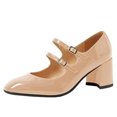 Imagem de Sapato feminino elegante fechado bico redondo de couro envernizado dupla alça monk vintage salto baixo sapato Mary Jane, Nude., 38