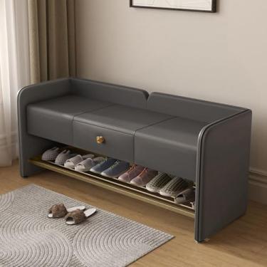Imagem de Yadlan Banco de sapateira de entrada, banco acolchoado de couro, banco de sapato de base de aço inoxidável com armazenamento para corredor e quarto preto 120 cm
