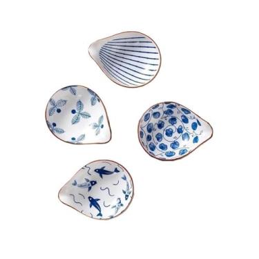 Imagem de prato de lanche 4 peças de prato cerâmica para molho, soja porcelana azul e branca, tempero para sushi tigela de sopa(Brown Stroke)