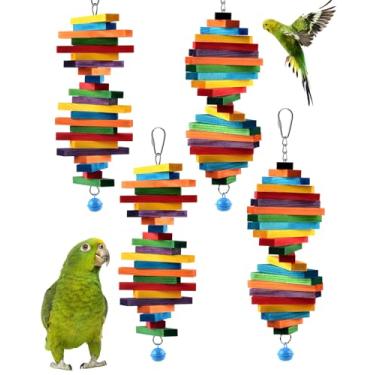 Imagem de Bissap 4 peças de brinquedos para mastigar pássaros, multicoloridos, bagel, cascata, pássaro, papagaio, bastões de mastigar, blocos de madeira, brinquedo para periquito pequeno, médio, calopsitas