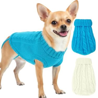 Imagem de 2 peças de suéter de cachorro PP roupas para cães pequenos, quente gola rolê tricotado Chihuahua roupas de gatinho sem mangas suéter para cães pequenos menina Yorkie Outfit Custume (azul, branco)